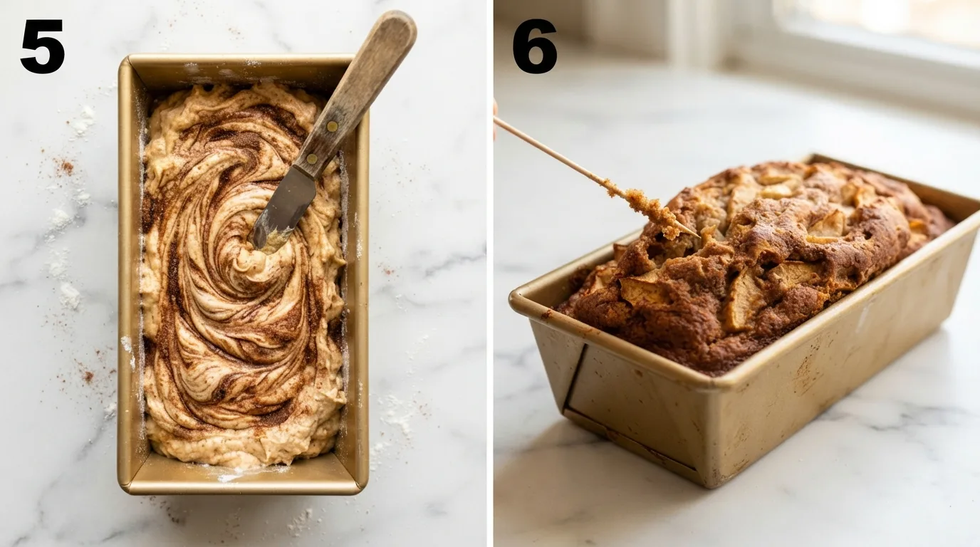 Dragging a knife through apple loaf batter to create a cinnamon sugar swirl / Toothpick test showing moist crumbs on a finished baked apple loaf