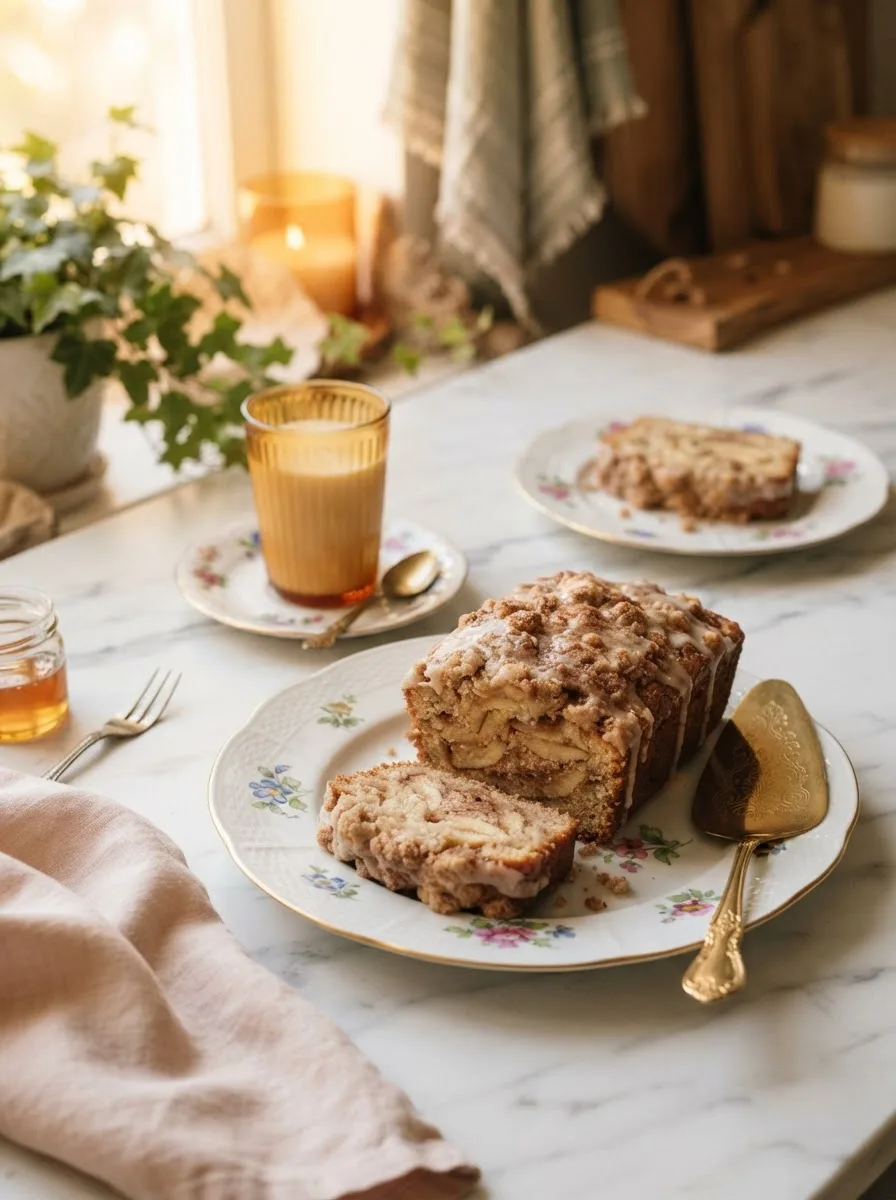 Warm cinnamon sugar apple loaf styled on a table with milk and gold flatware